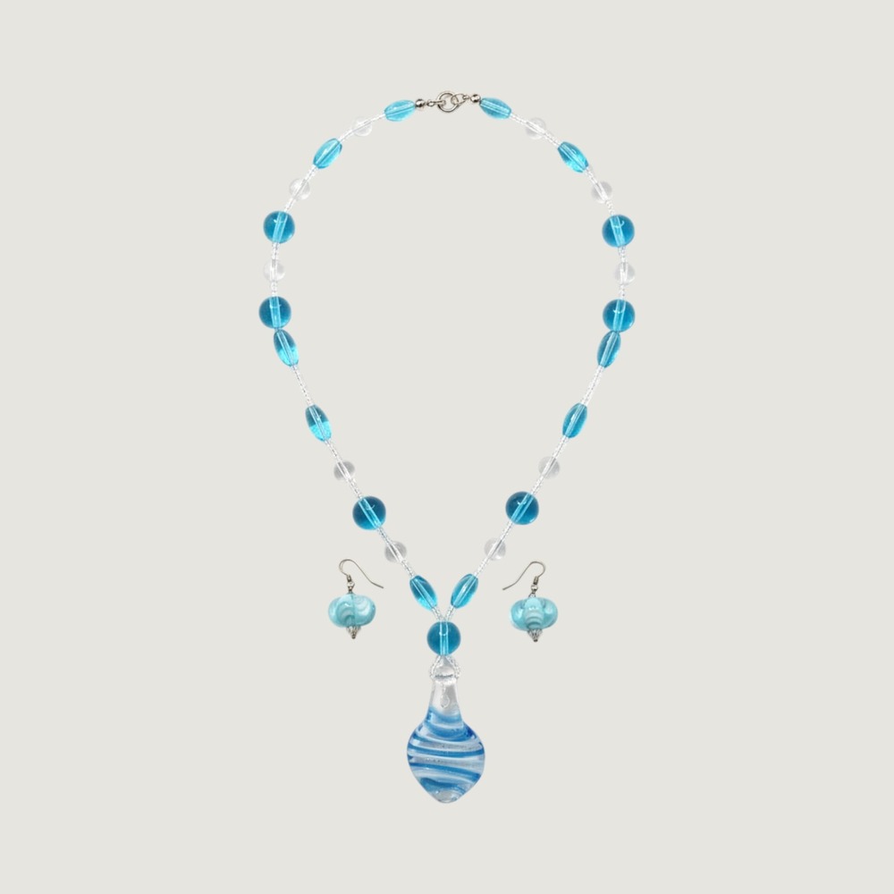 Artisan Aqua Blue Lampwork Glass‎ Necklace Earrings Set Coastal Murano Style